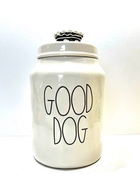 Rae Dunn "Good Dog" treat Jar Canister 9.5" tall with crown lid.